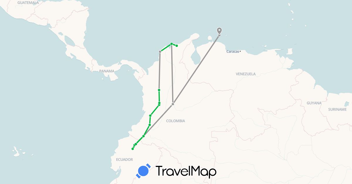 TravelMap itinerary: bus, plane in Colombia, Ecuador (South America)